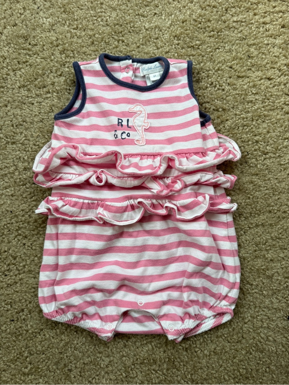 Ralph Lauren Pink and White Striped Ruffle Romper